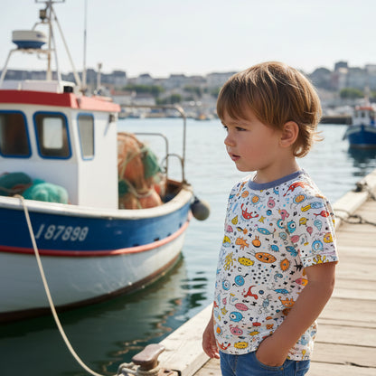 Children's t-shirt with colorful sea creature pattern on a light gray background