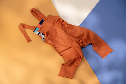 Brown overalls on a yellow and blue gradient background